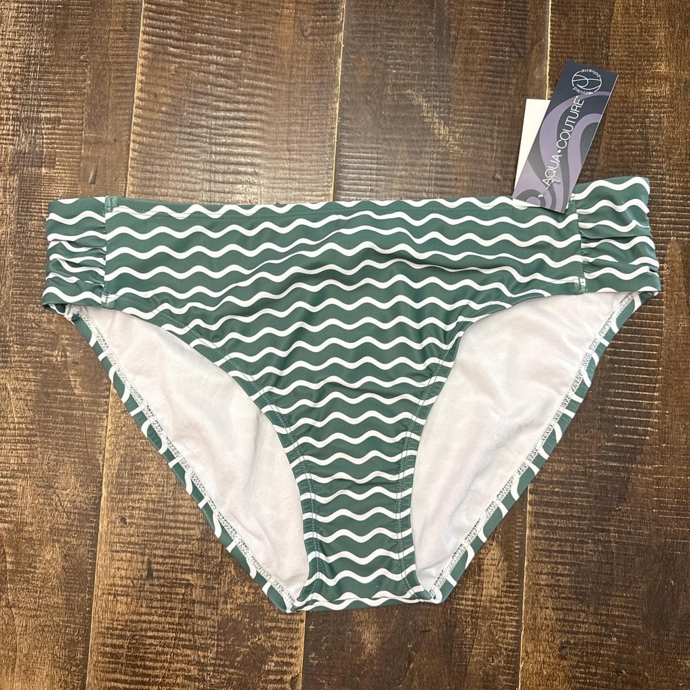 Aqua Couture Green & White Wavy Full Seat Coverage Bikini Bottoms